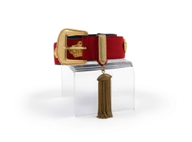 ESCADA; Red Suede Leather Belt with Alternating Crown and Stud Motifs