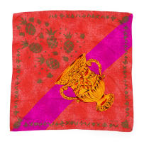 ESCADA; A Coral and Purple Pure Silk Scarf with Tropical Motifs
