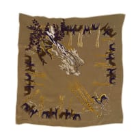Armand Ventilo; A Vintage Pure Silk Scarf with Deer and Tree Motifs heightened with Gold Sequins and Chain Stitch Embroidery