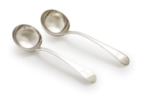 A near pair of George III silver sauce ladles, Benjamin Smith III, London, 1783 and John Lampert, 1769