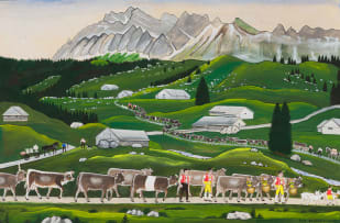 Johannes Georg Blatter; Alpfahrt auf Lutertannen mit Säntis, (Alpine Meadow on Lutertannen with Santis)
