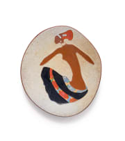 Kalahari Studio; Organic-shaped plate with figural motif wearing skirt and headdress