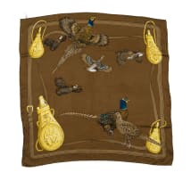 Renard; A Vintage Pure Silk Scarf with Pheasant Illustrations on a Brown Ground