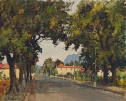 Piet van Heerden; Street Scene with Trees and Figures