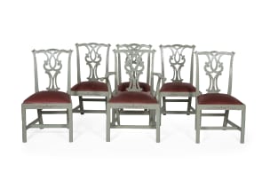 Set of six mahogany and painted Chippendale style side chairs, including an armchair, 19th century