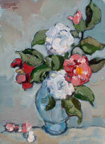 Gregoire Boonzaier; Japonikas in Blou Vaas (Camilias in a Base Vase)