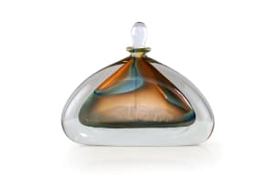 David Reade; Glass perfume bottle and stopper with amber and teal inclusions