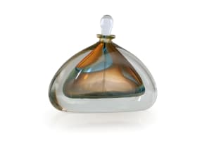 David Reade; Glass perfume bottle and stopper with amber and teal inclusions
