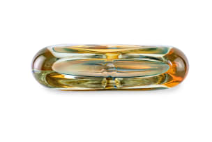 David Reade; Glass perfume bottle and stopper with amber and teal inclusions