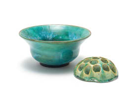 Linn Ware; Bulbous bowl with flared neck and floral frog, two