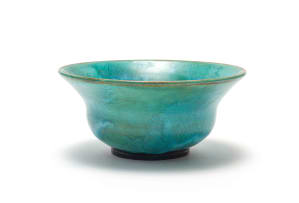 Linn Ware; Bulbous bowl with flared neck and floral frog, two