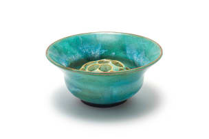 Linn Ware; Bulbous bowl with flared neck and floral frog, two