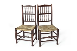 Pair of Lancashire oak rush seat side chairs, 19th century