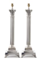 A pair of silver-plated Corinthian column table lamps, 20th century
