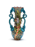 Ardmore Ceramic Studio; Vase decorated with blue elephants and proteas