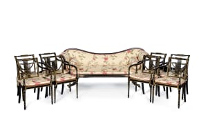 Regency style nine-piece ebonised and gilt-painted salon suite, 20th century