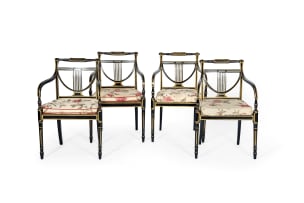 Regency style nine-piece ebonised and gilt-painted salon suite, 20th century