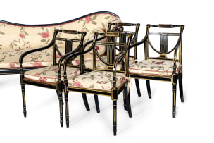 Regency style nine-piece ebonised and gilt-painted salon suite, 20th century