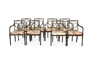 Regency style nine-piece ebonised and gilt-painted salon suite, 20th century