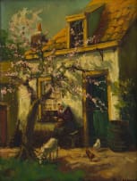 Hendrik van Leeuwen; Cottage with a Woman, a Goat and a Peach Blossom Tree