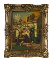 Hendrik van Leeuwen; Cottage with a Woman, a Goat and a Peach Blossom Tree