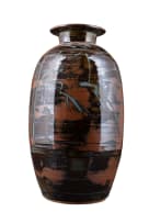 Bruce Walford; Brown vase with blue bamboo motif