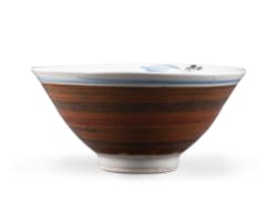 Tim Morris; Brown, white and blue bowl with flower motifs