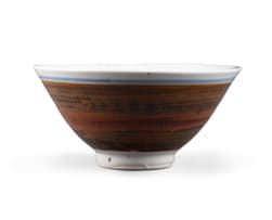 Tim Morris; Brown, white and blue bowl with flower motifs