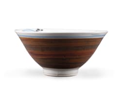 Tim Morris; Brown, white and blue bowl with flower motifs