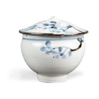 Tim Morris; White lidded vessel with blue leaf motifs