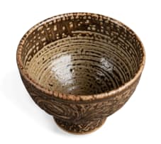 David Schlapobersky and Felicity Potter; Brown and beige stem bowl with spiral relief design