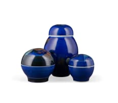 David Schlapobersky and Felicity Potter; Set of blue lidded vessels with floral motifs, three