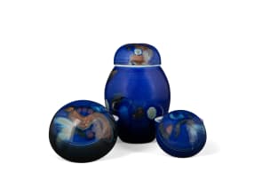 David Schlapobersky and Felicity Potter; Set of blue lidded vessels with floral motifs, three