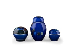 David Schlapobersky and Felicity Potter; Set of blue lidded vessels with floral motifs, three