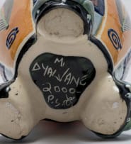 Andile Dyalvane; Claw-footed vase with abstract patterns and feather motifs