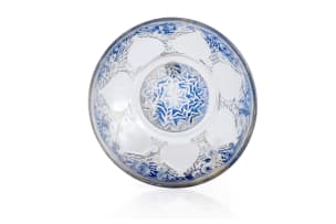 René Lalique; René Lalique 'Vases No. 4' frosted and clear blue-patinated coupe, No. 3219, designed 1921