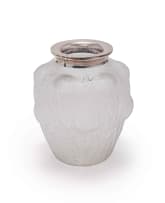 René Lalique; René Lalique 'Domrémy' opalescent and clear glass vase with silver hallmarked collar, No.979, designed 1926