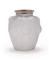 René Lalique; René Lalique 'Domrémy' opalescent and clear glass vase with silver hallmarked collar, No.979, designed 1926