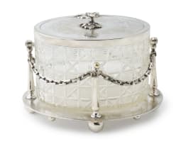 A silver-plate-mounted cut glass biscuit barrel and stand, 20th century