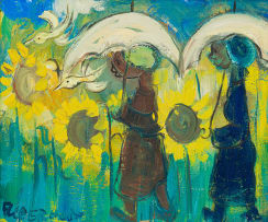 Frans Claerhout; Women with Parasoles in Field of Sunflowers