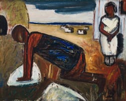 Pranas Domsaitis; Figures Kneading Dough with Huts in the Distance (recto); Figure Kneading Dough (verso)