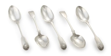 Five Cape silver fiddle and shell pattern serving spoons, Lawrence Holme Twentyman, c.1818-1837