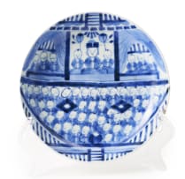 A Chinese teapot, late 19th century and a blue and white dish, 18th century, depicting Guanyin in the hall of the hundred children