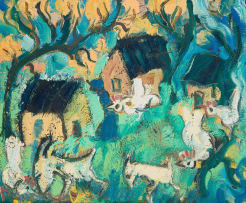 Frans Claerhout; Figure with Birds and Goats near Cottages