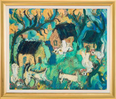 Frans Claerhout; Figure with Birds and Goats near Cottages