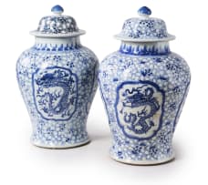 A pair of Chinese blue and white porcelain jars, Kangxi period, 1662-1722
