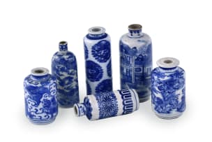 A group of six Chinese blue and white porcelain miniature vases, Qing dynasty, 19th century