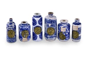 A group of six Chinese blue and white porcelain miniature vases, Qing dynasty, 19th century