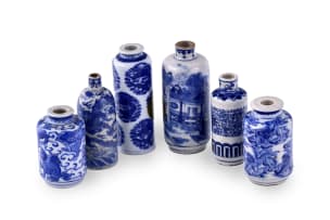A group of six Chinese blue and white porcelain miniature vases, Qing dynasty, 19th century