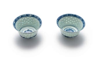 A pair of Chinese blue and white rice grain 'Linglong' bowls, c.1890-1920